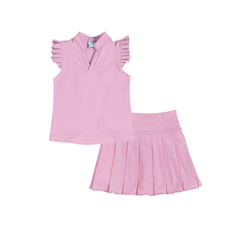 11.22 GSD3206 Pre order No Moq Yoga fabric Baby Girls Pink Button Shirts Top Pleated Skirt Shorts Yoga Clothes Sets