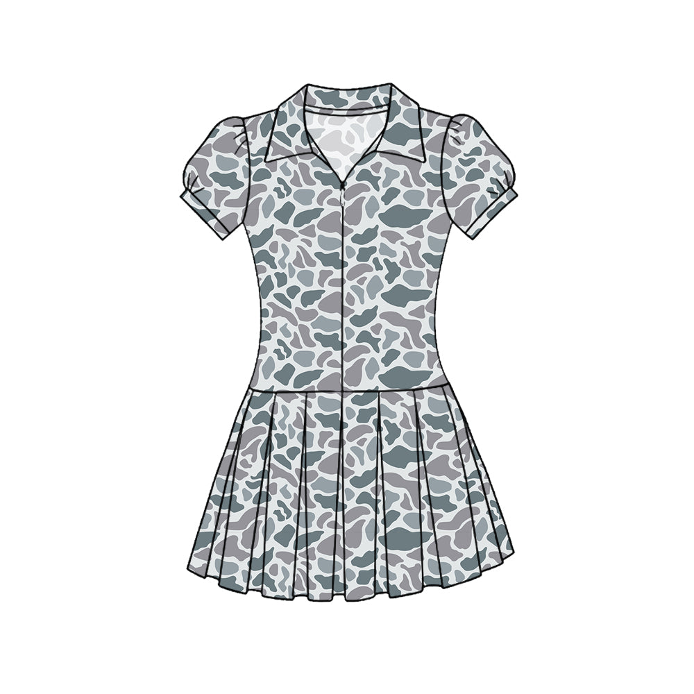 11.22 GSD3216 Pre order No Moq Yoga fabric Baby Girls Southern Light Grey Camo Zipper Pleated Yoga Knee Length Dresses