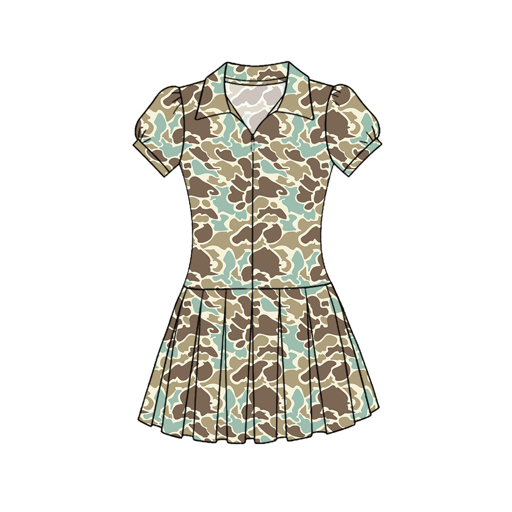 11.22 GSD3217 Pre order No Moq Yoga fabric Baby Girls Southern Green Camo Zipper Pleated Yoga Knee Length Dresses