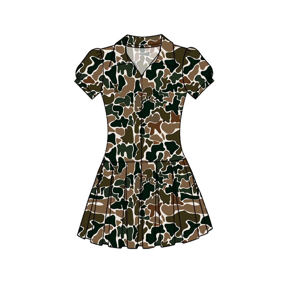11.22 GSD3218 Pre order No Moq Yoga fabric Baby Girls Southern Dark Brown Camo Zipper Pleated Yoga Knee Length Dresses
