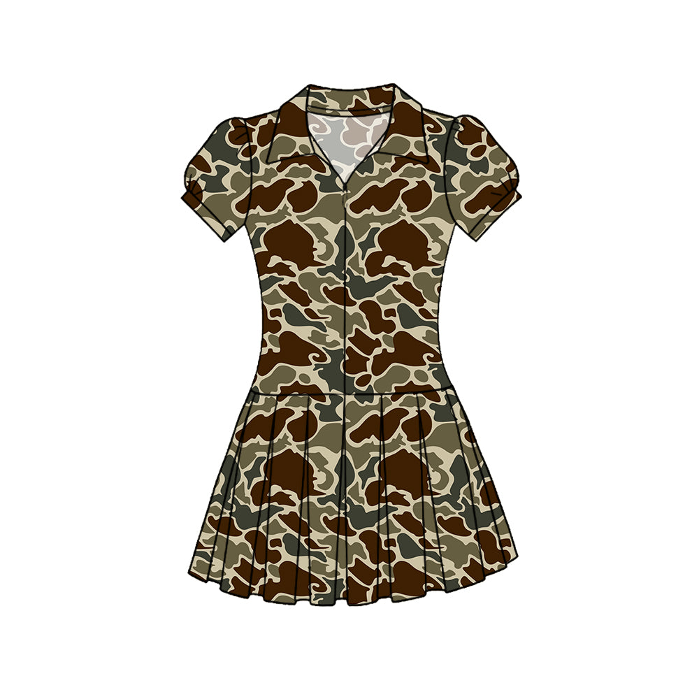 11.22 GSD3221 Pre order No Moq Yoga fabric Baby Girls Southern Dark Khaki Camo Zipper Pleated Yoga Knee Length Dresses