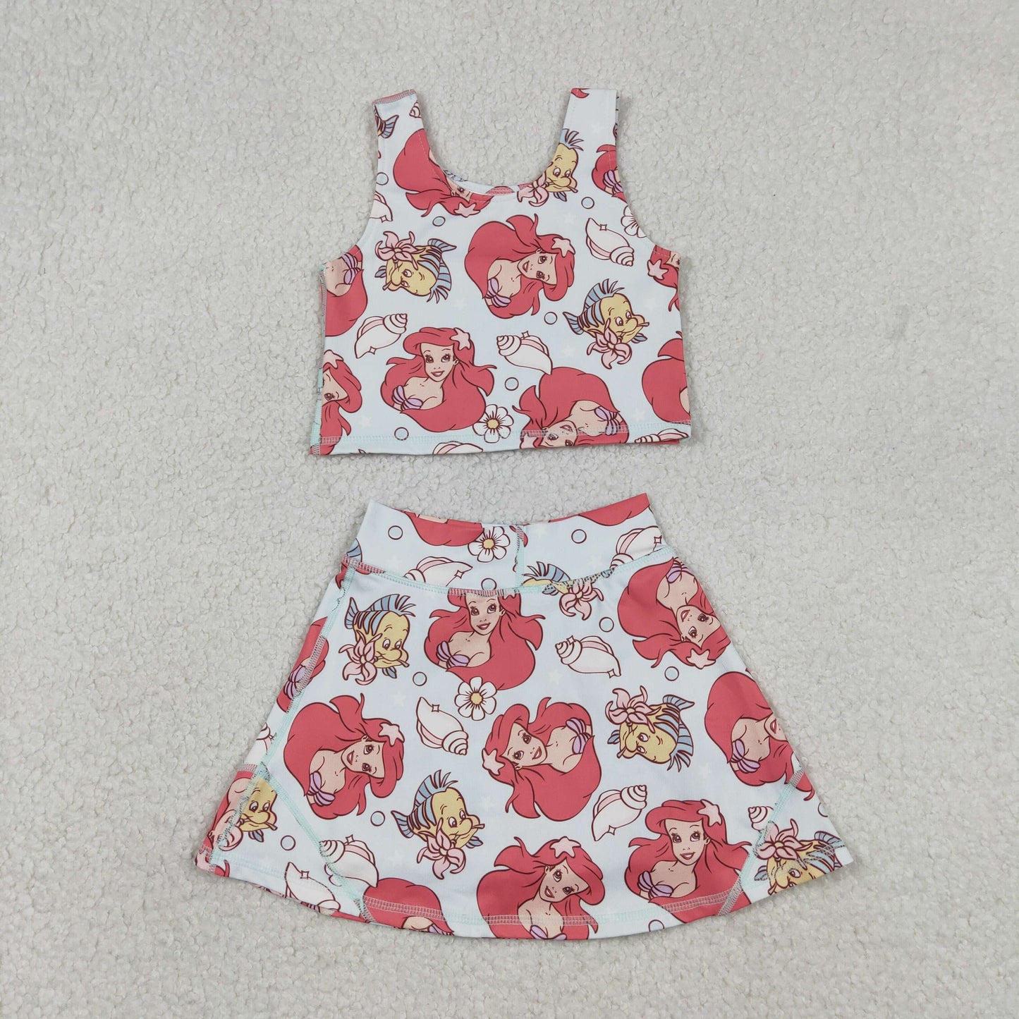 12.29 RTS NO MOQ (In stock)GSD3231 Baby Girls Sleeveless Cartoon Mermaid Fishes Top Skort Yoga Sets