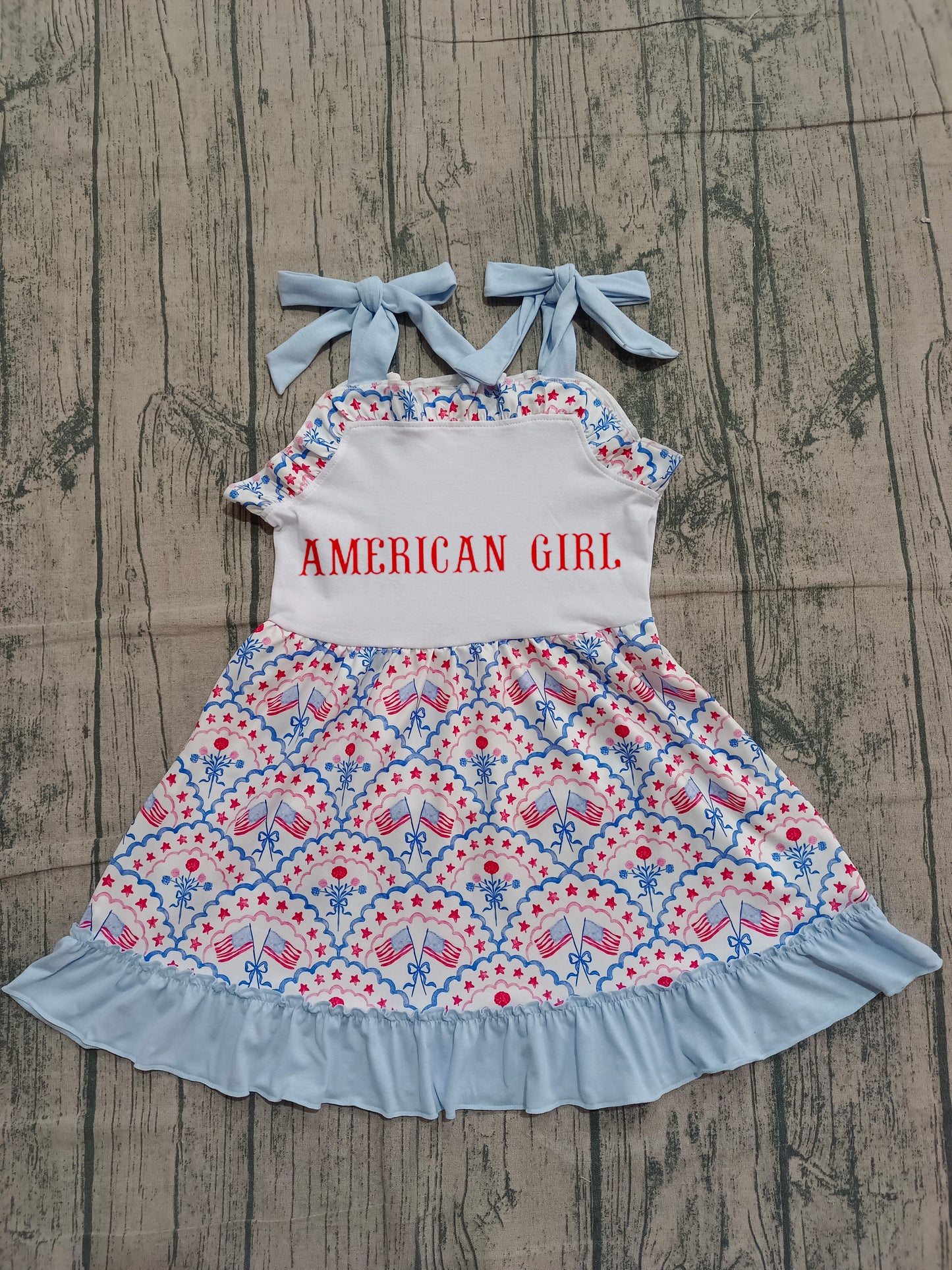 1.5 GSD3239 Pre order No Moq Embroidery American Girls Strap Flags 4th of July Ruffle Knee Length Dresses