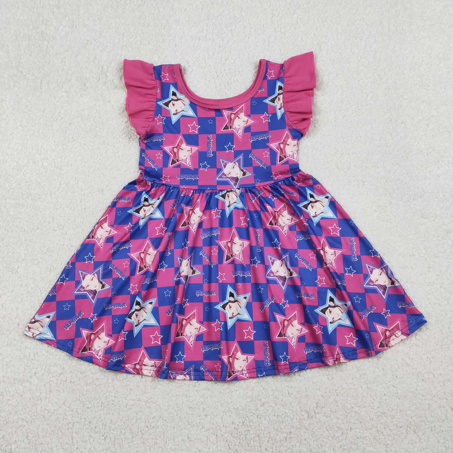 1.20 RTS NO MOQ (In stock)GSD3284 Baby Girls Hot Pink Checked Stars Demon Hunter Knee Length Dresses