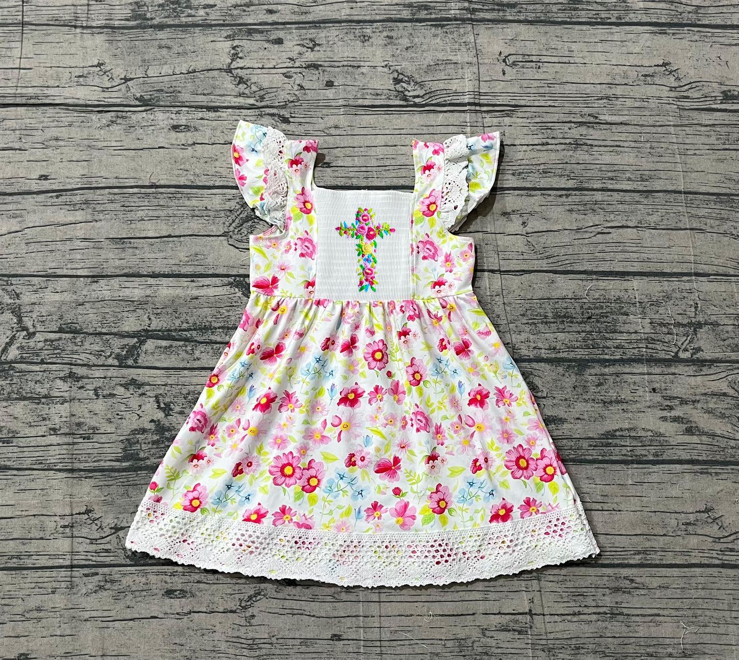 3.9 GSD3313 Sample No Moq Baby Girls Embroidery Floral Cross Easter Ruffle Knee Length Dresses