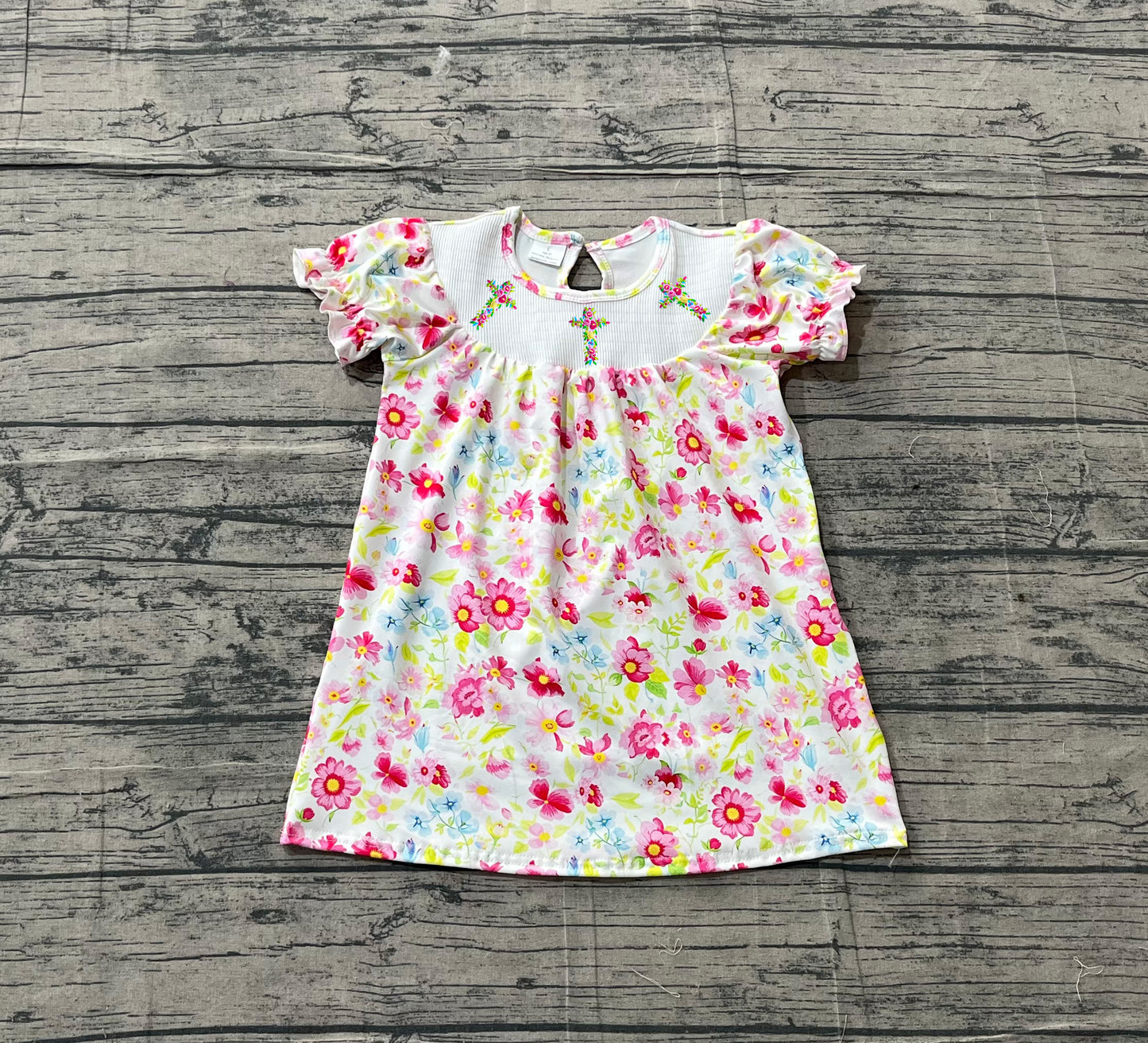 3.10 GSD3314 Sample No Moq Baby Girls Smocked Floral Cross Easter Flowers Knee Length Dresses