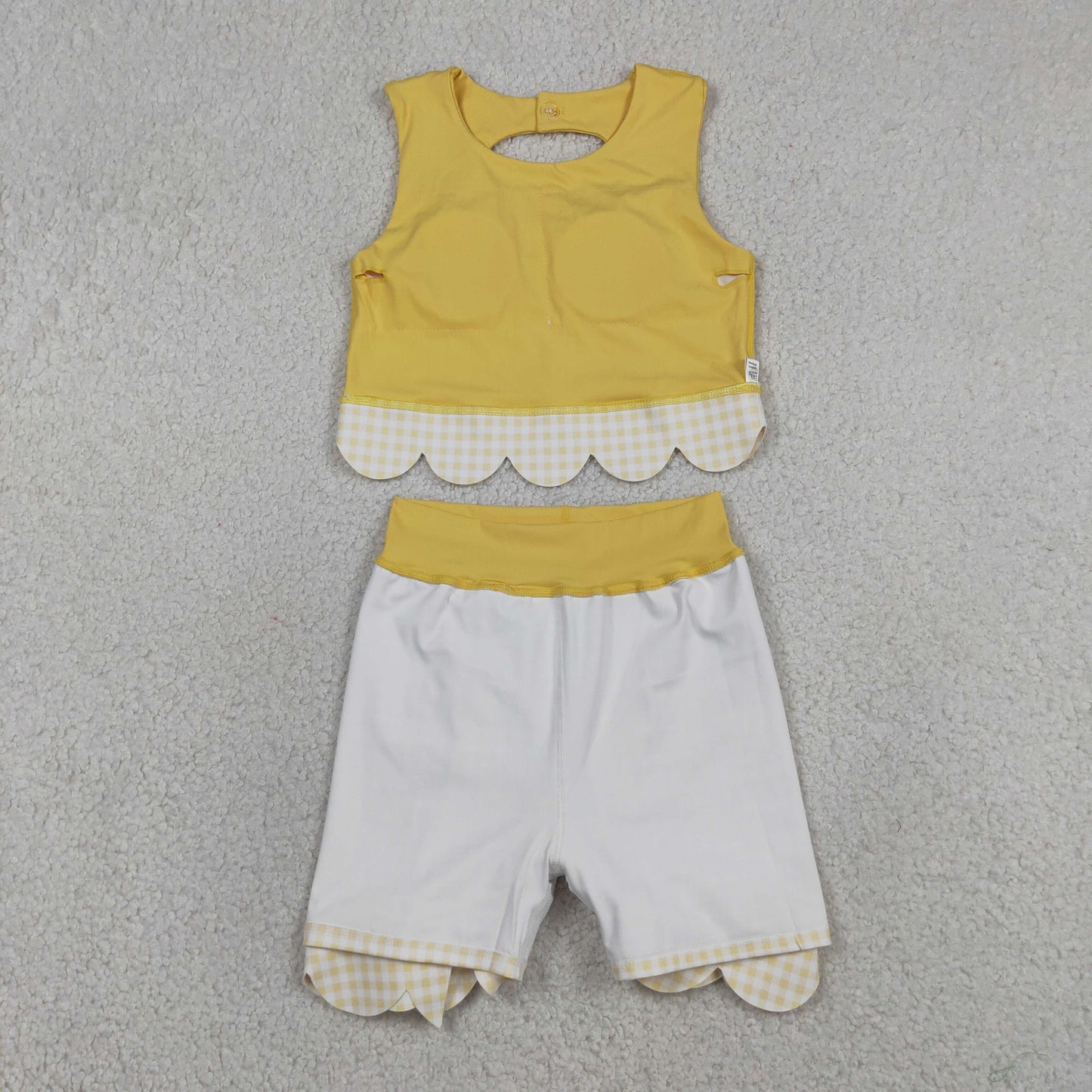 GSD3324 RTS NO MOQ (In stock)Yellow sleeveless bow scallop kids girls active wear set