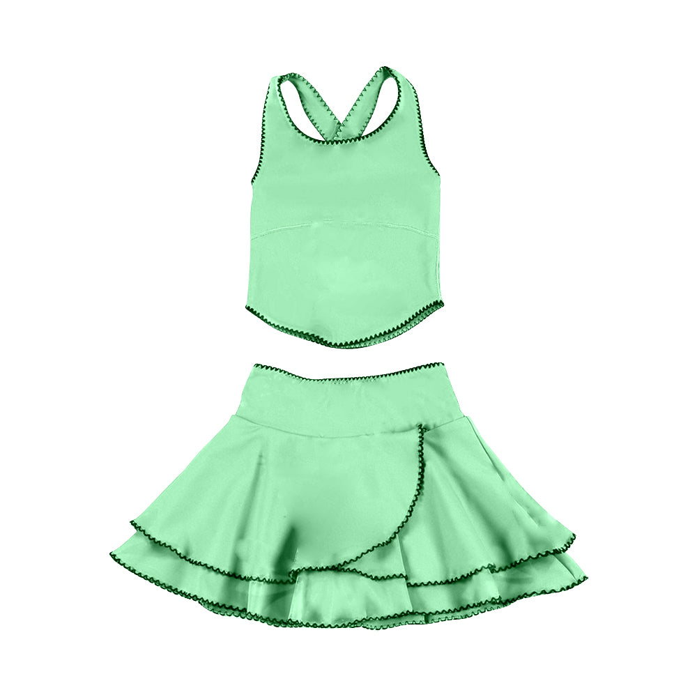 12.1 GSD3327 re order No Moq Yoga fabric Baby Girls Green Strap Vest Top Ruffle Skirt Shorts Yoga Clothes Sets