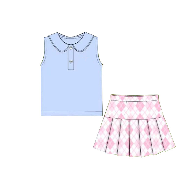 12.9 GSD3395 Pre order No Moq Yoga fabric Baby Girls Blue Button Collar Top Pink Checked Pleated Skirt Shorts Yoga Clothes Sets