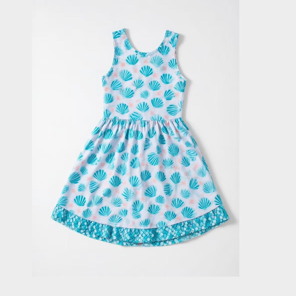 12.9 GSD3396 Pre order No Moq Baby Girls Sleeveless Blue Shells Ruffle Knee Length Dresses