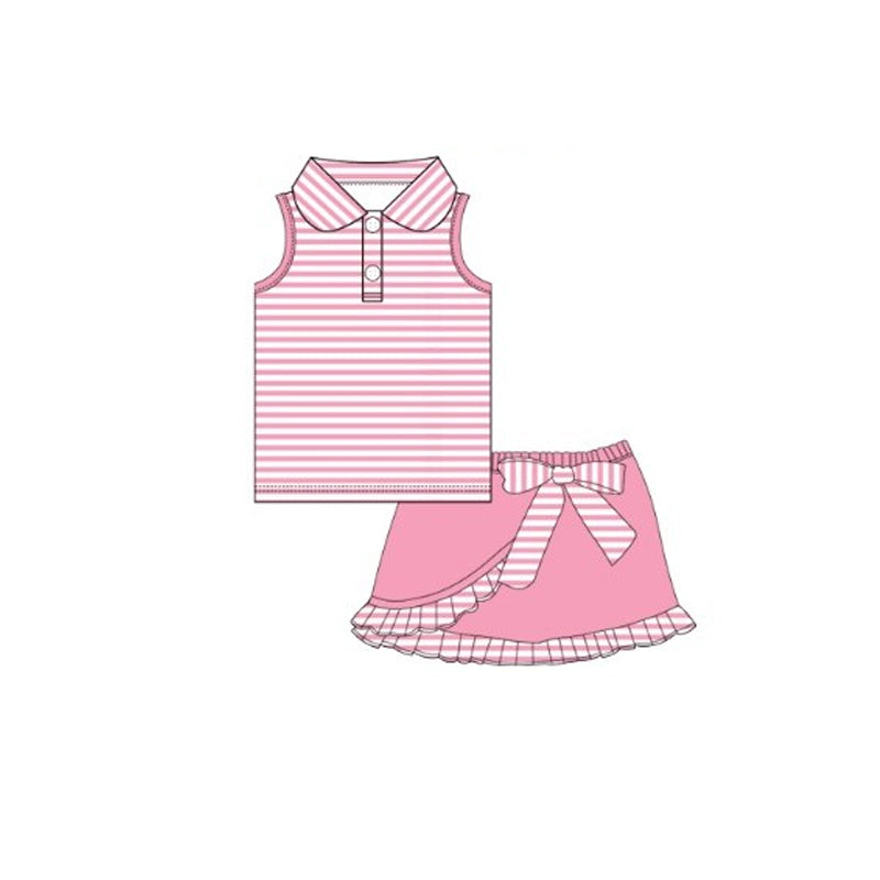 12.10 GSD3408 Pre order No Moq Baby Girls Pink Stripe Button Vest Top Ruffle Skirt Shorts Clothes Sets