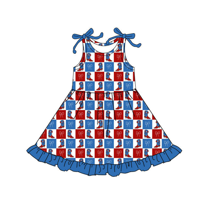 12.13 GSD3417 Pre order No Moq Baby Girls Red Blue Bows Boots Checked 4th of July Ruffle Knee Length Dresses