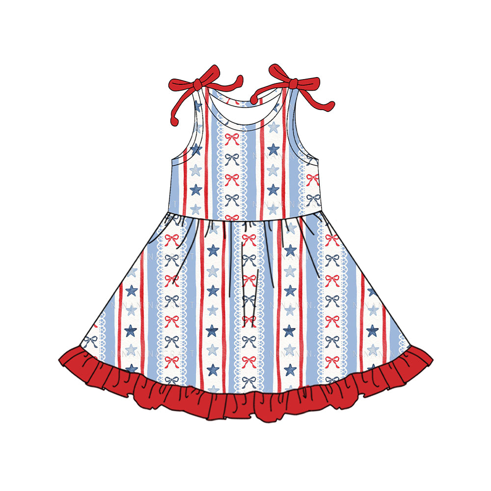 12.15 GSD3423 Pre order No Moq Baby Girls Sleeveless Bows Stars Stripe 4th of July Ruffle Knee Length Dresses