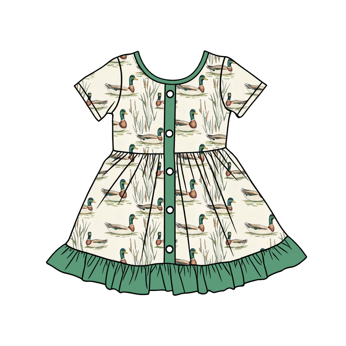 12.16 GSD3431 Pre order No Moq Baby Girls Green Ducks Button Hunting Ruffle Knee Length Dresses