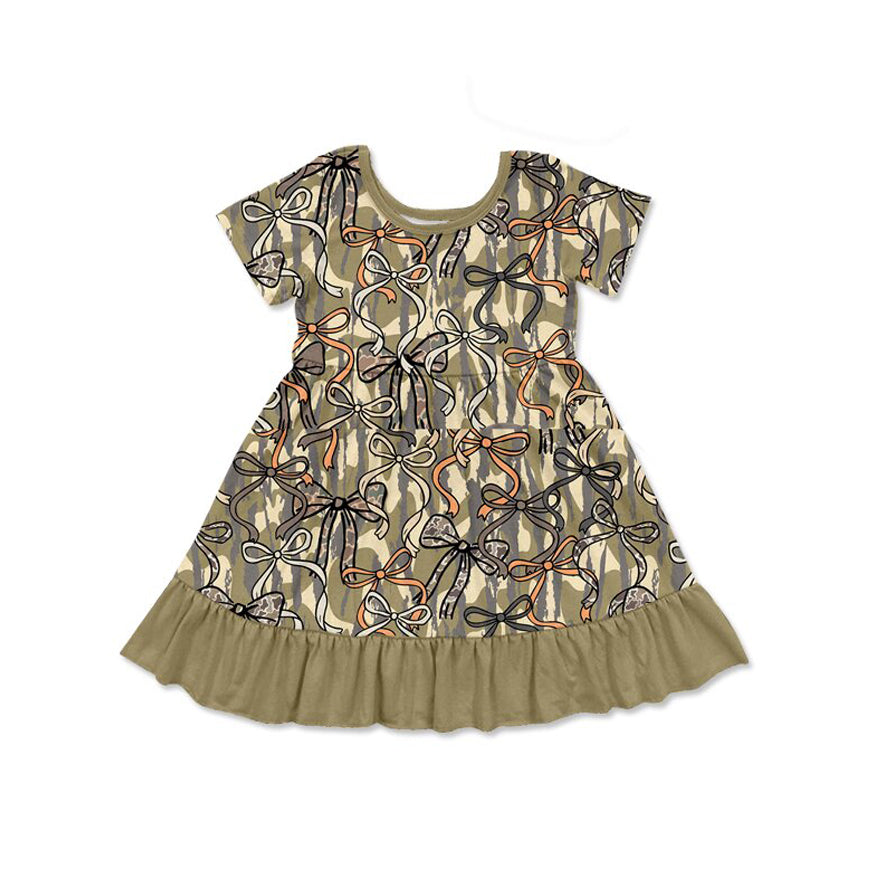 12.16 GSD3432 Pre order No Moq Baby Girls Southern Olive Camo Bows Hunting Ruffle Knee Length Dresses