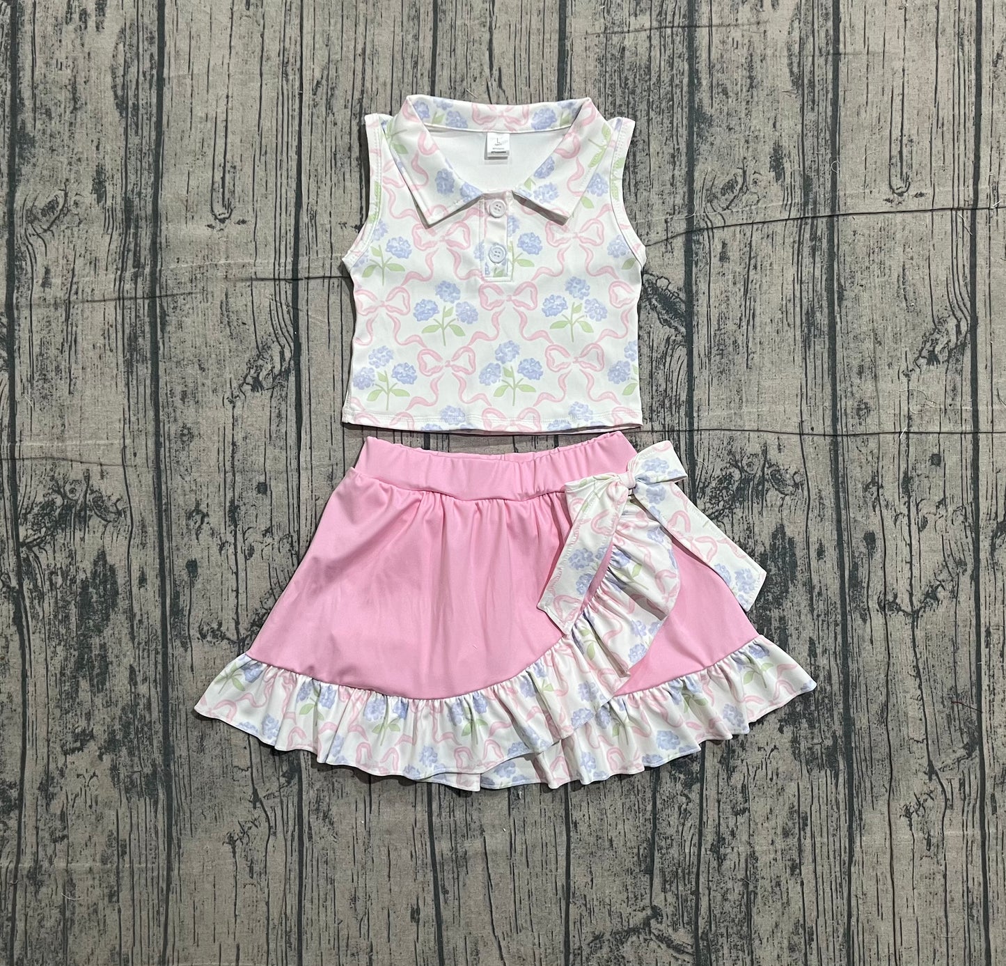 1.8 GSD3478 Sample No Moq Yoga fabric Baby Girls Pink Bows Flowers Checked Button Top Ruffle Skirt Shorts Yoga Clothes Sets