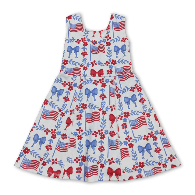 RTS Sibling Sleeveless floral bow flag top skirt girls 4th of july active set