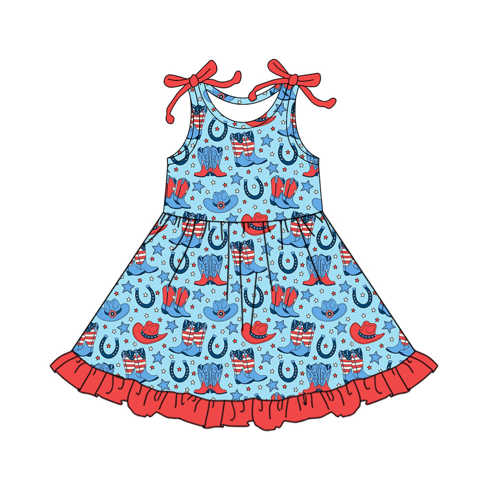 1.5 GSD3522 Pre order No Moq Baby Girls Sleeveless Stars Hats Boots 4th of July Western Ruffle Knee Length Dresses