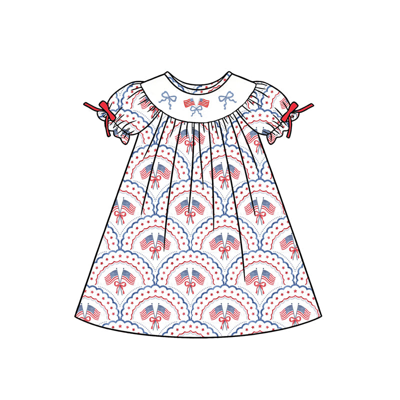 1.5 GSD3525 Pre order No Moq Baby Girls Short Ruffle Sleeve Bows Flags Checked 4th of July Knee Length Dresses