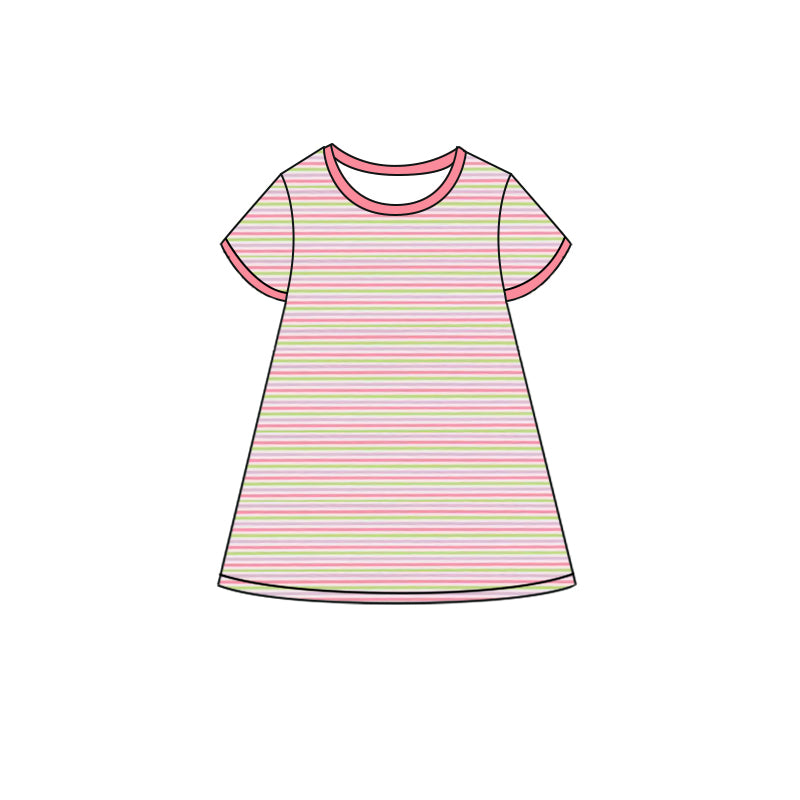 1.5 GSD3528 Pre order No Moq Baby Girls Short Sleeve Pink Stripe Knee Length Dresses