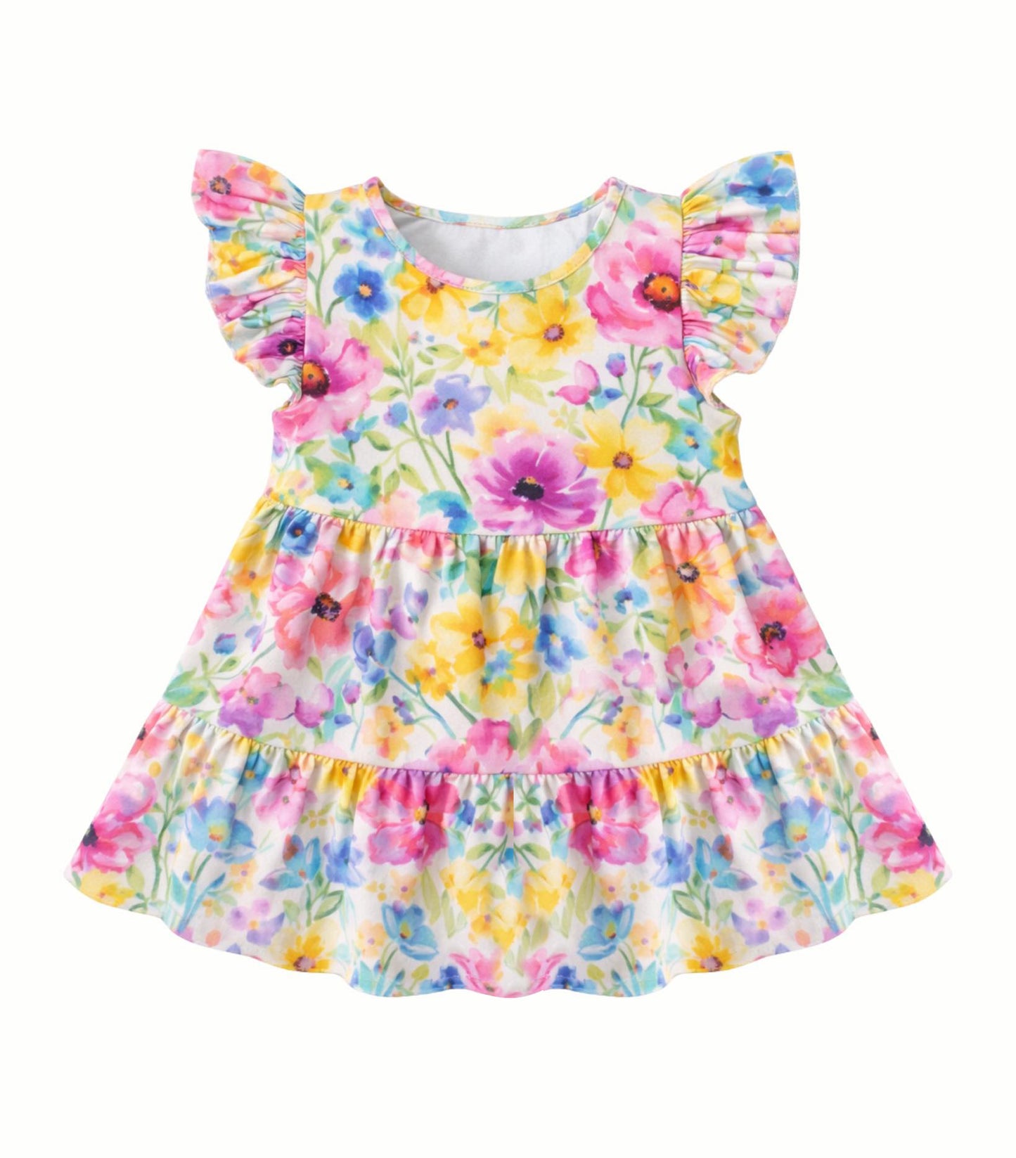 1.6 GSD3532 Pre order No Moq Baby Girls Flutter Sleeve Colorful Floral Patchwork Knee Length Dresses