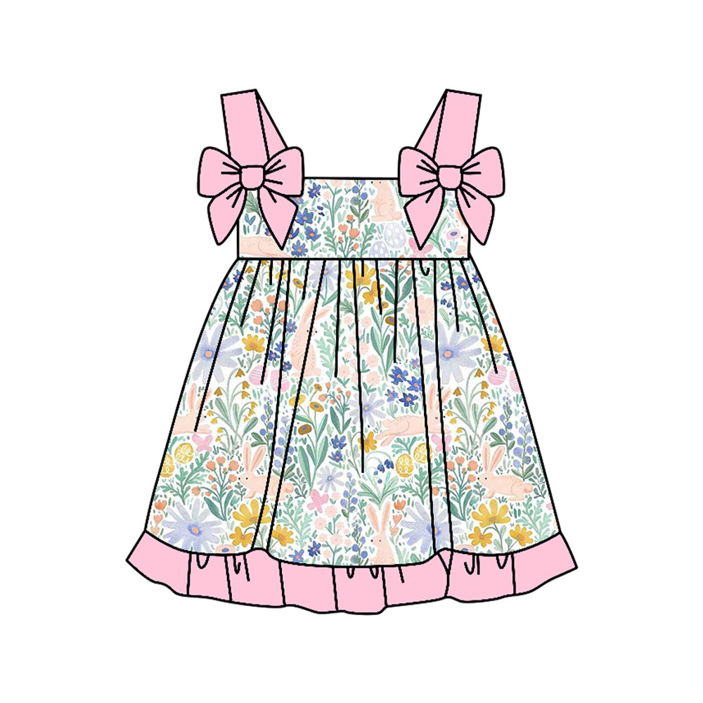1.6 GSD3533 Pre order No Moq Baby Girls Bows Strap Colorful Floral Rabbits Easter Ruffle Knee Length Dresses