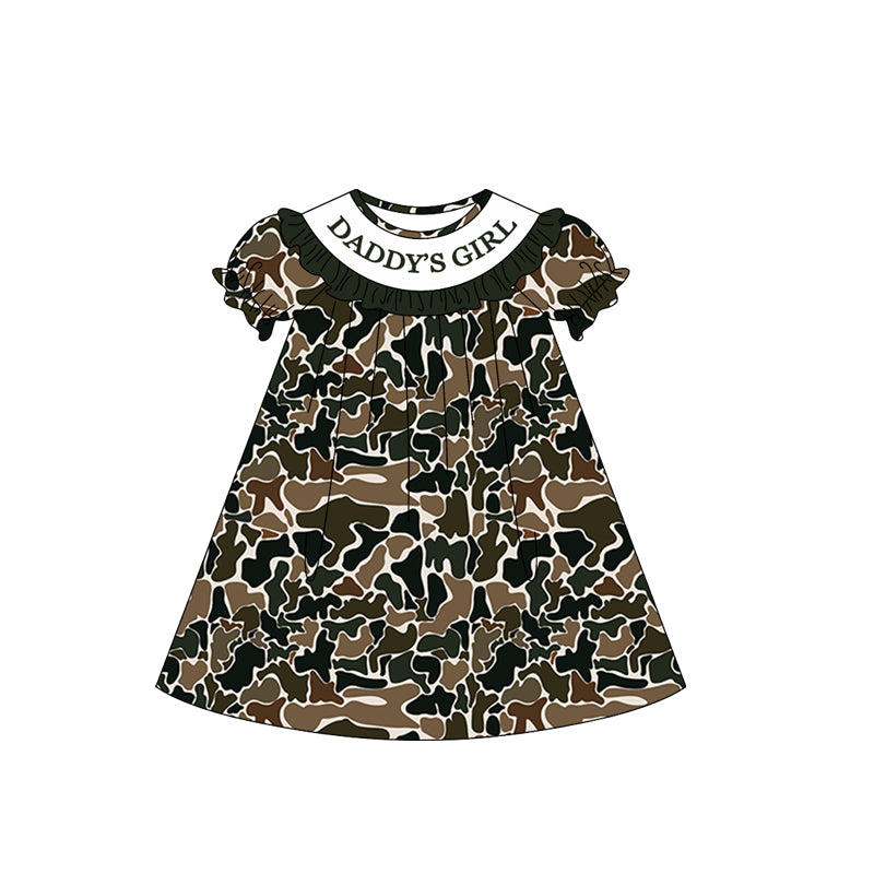 1.6 GSD3543 Pre order No Moq Baby Girls Southern Dark Brown Camo Daddy's Girl Collar Knee Length Dresses