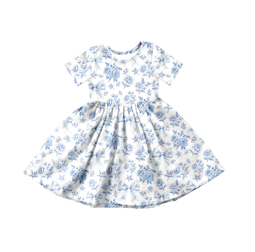 1.9 GSD3569 Pre order No Moq Baby Girls Blue Flowers Bows Knee Length Dresses