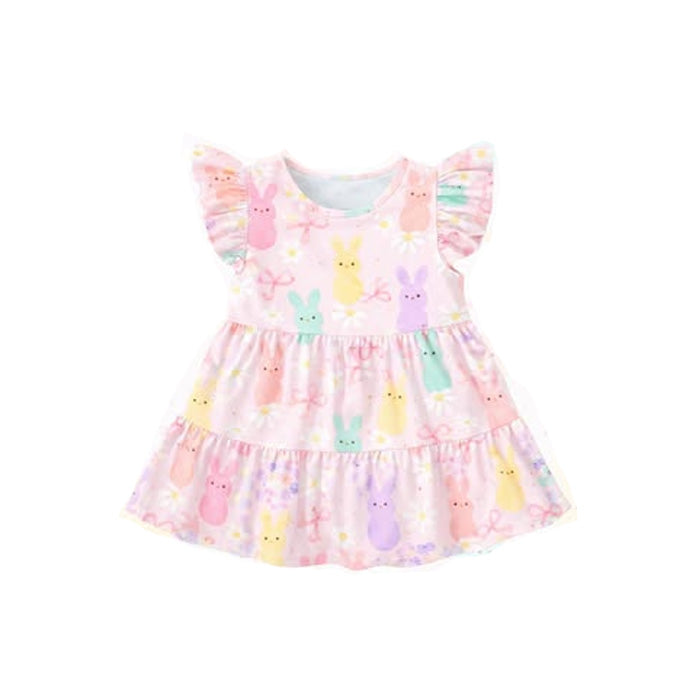 1.9 GSD3575 Pre order No Moq Baby Girls Colorful Rabbits Bows Easter Patchwork Knee Length Dresses
