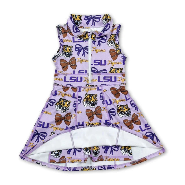 RTS NO MOQ (In stock)yoga fabric GSD3604 Baby Girls Purple Active Print Knee Length Yoga Active Dresses