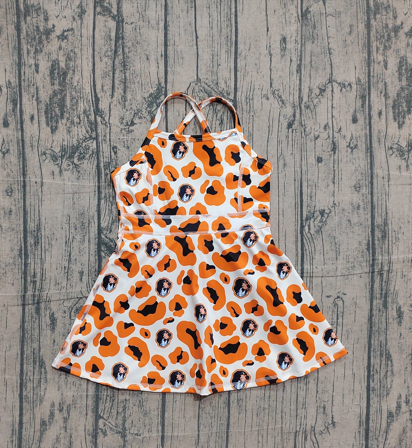 1.19 GSD3634 Sample No Moq Yoga fabric Baby Girls Strap Orange Leopard Dogs Team Yoga Active Shorts Knee Length Dress