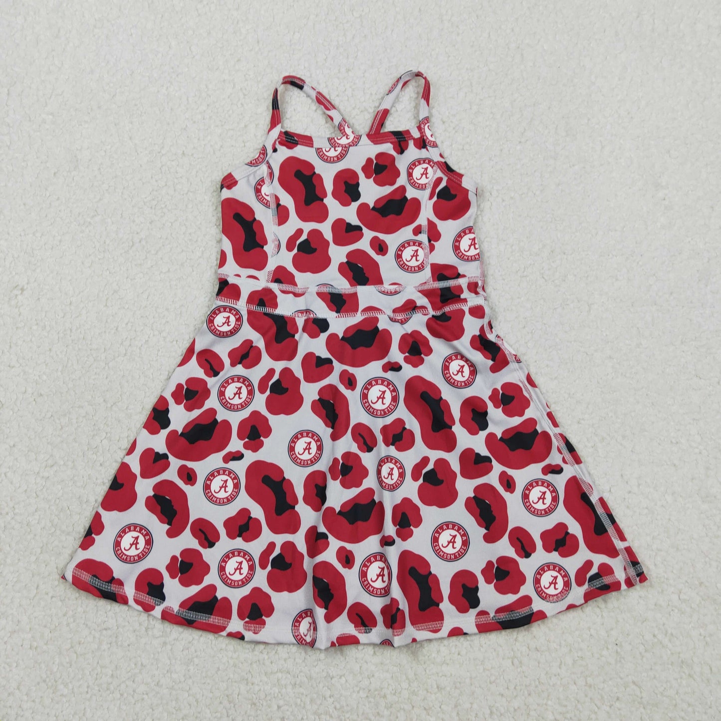 2.10 RTS NO MOQ (In stock)GSD3635 Kids Fashion Clothes Baby Girls Strap Red Leopard Team Yoga Active Shorts Knee Length Dresses