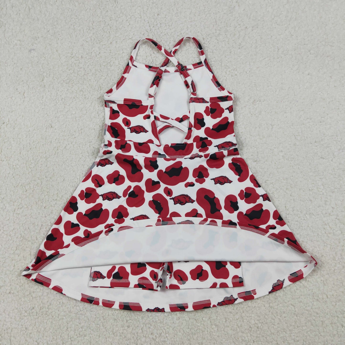 3.24 RTS NO MOQ (In stock)GSD3636 Kids Fashion Clothes Baby Girls Strap Red Leopard Arkansas Team Yoga Active Shorts Knee Length Dress