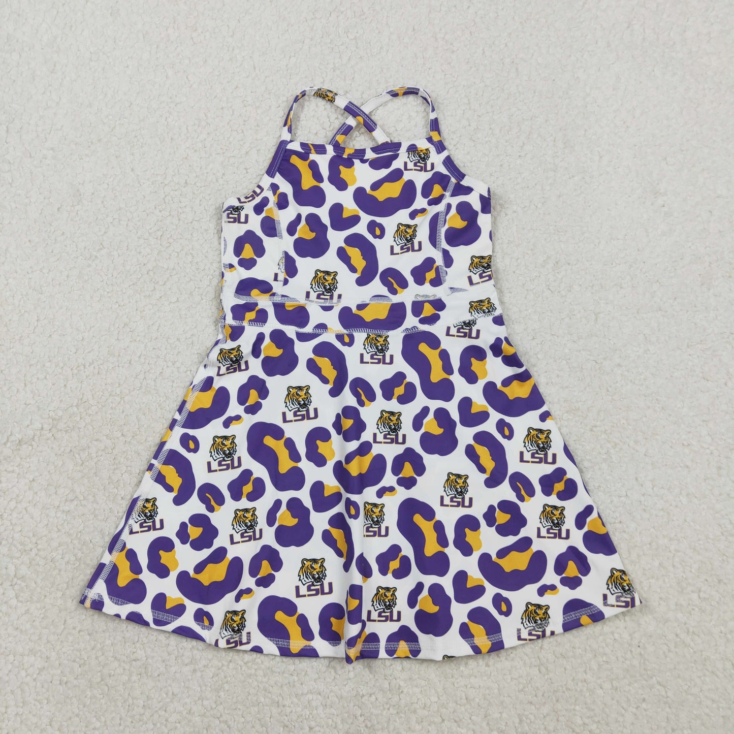 2.10 RTS NO MOQ (In stock)GSD3639 Kids Fashion Clothes Baby Girls Strap Purple Leopard Tigers Team Yoga Active Shorts Knee Length Dresses