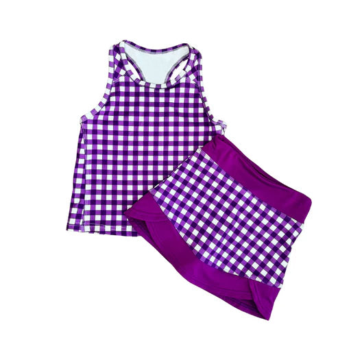 1.15 GSD3651 Pre order No Moq Yoga fabric Baby Girls Purple Checked Tunic Skirt Short Yoga Active Clothes Sets
