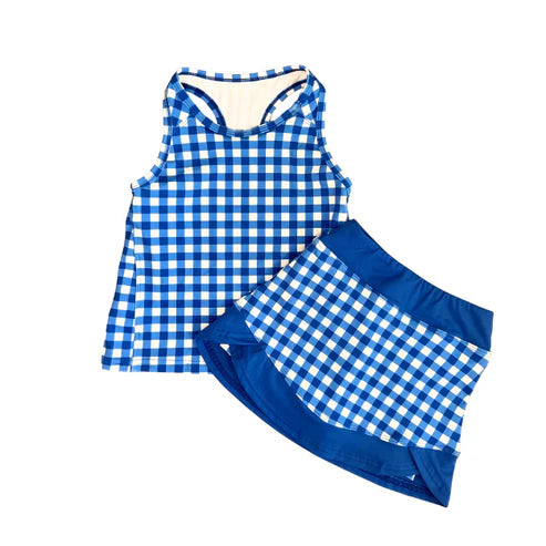 1.15 GSD3652 Pre order No Moq Yoga fabric Baby Girls Blue Checked Tunic Skirt Short Yoga Active Clothes Sets