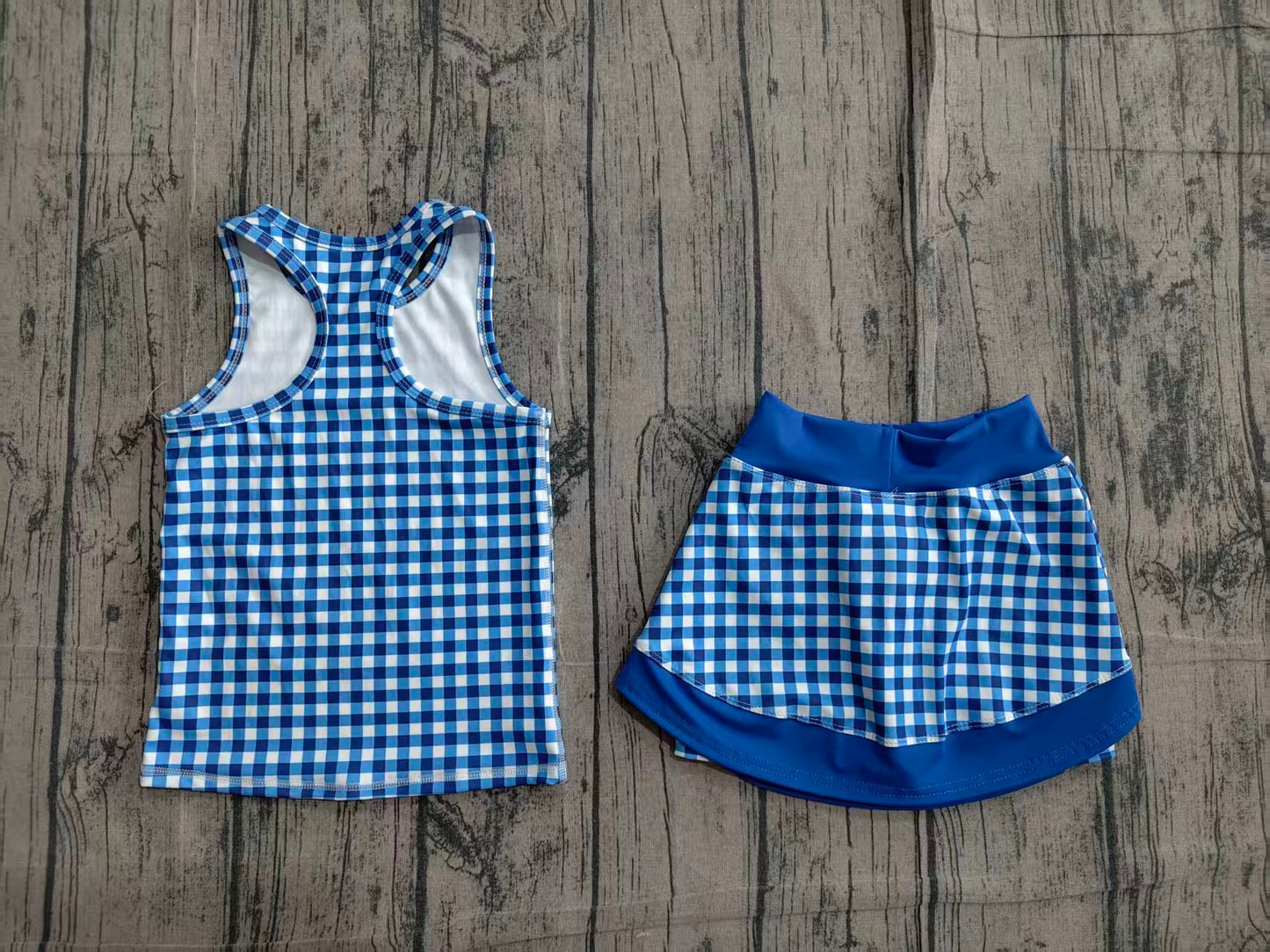 4.7 GSD3652 Sample No Moq Baby Girls Blue Checked Tunic Skirt Short Yoga Active Clothes Sets