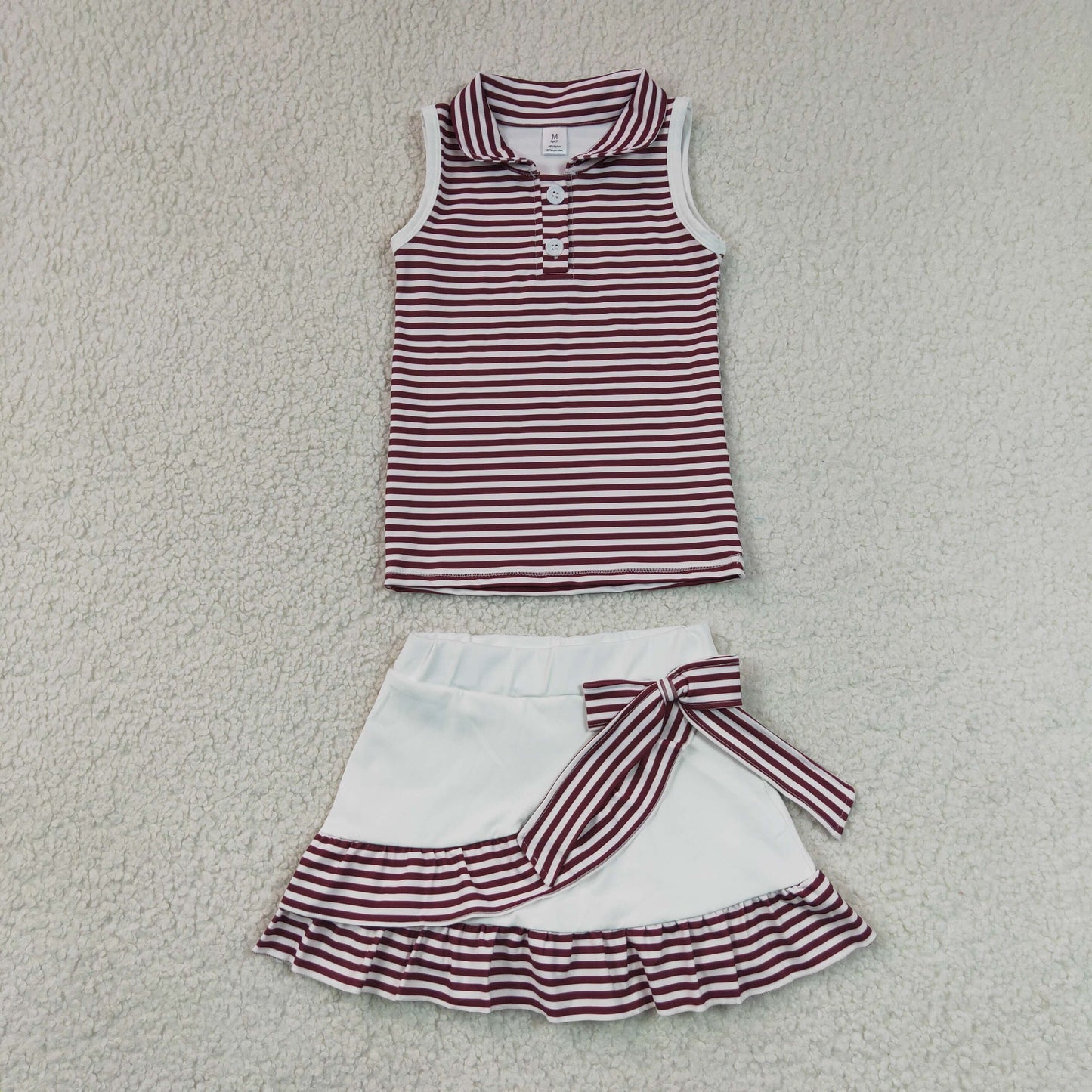 RTS Sibling yoga fabric Baby Girls Stripe Button Vest Ruffle Edge Built In Short Skort Yoga Set