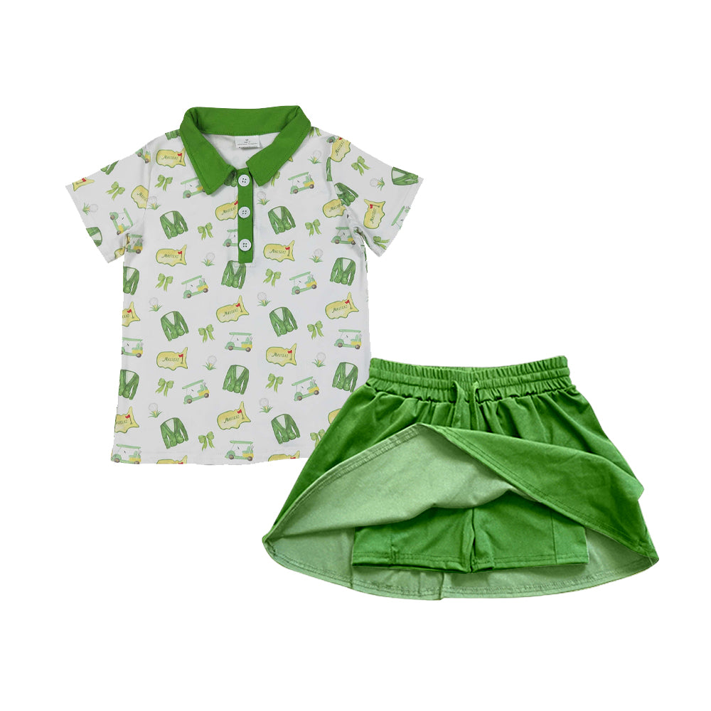 1.19 GSD3676 Pre order No Moq Baby Girls Green Golf Button Polo Shirts Top Skirt Shorts Clothes Sets