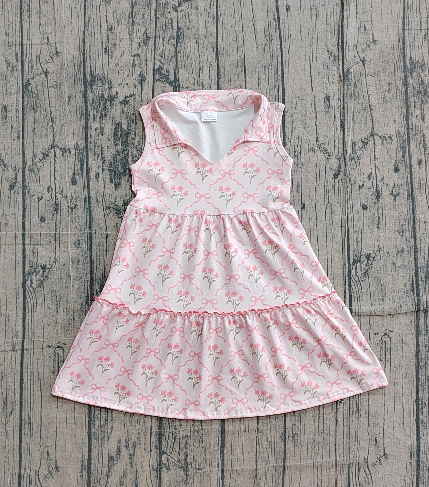 3.7 GSD3678 Sample No Moq Baby Girls Sleeveless Pink Bow Flowers Checked Patchwork Knee Length Dress