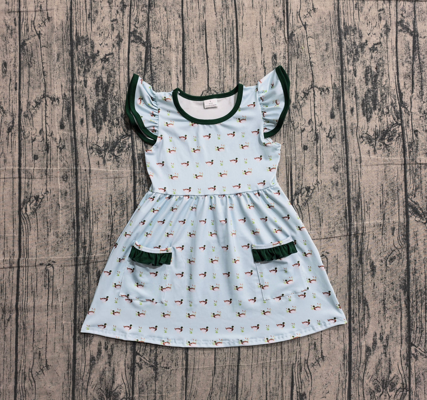 2.2 GSD3679 Sample No Moq Baby Girls Flutter Sleeve Ducks Pockets Hunting Knee Length Dress