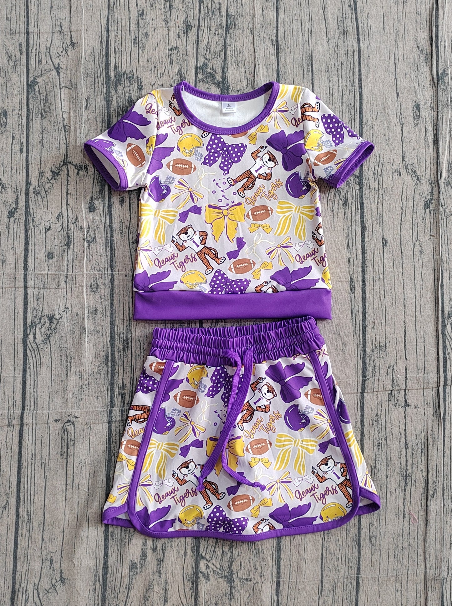 2.4 GSD3695 Sample No Moq Yoga fabric Baby Girls Bow Football LSU Tigers Top Skirt Short Team Yoga Active Clothes Sets