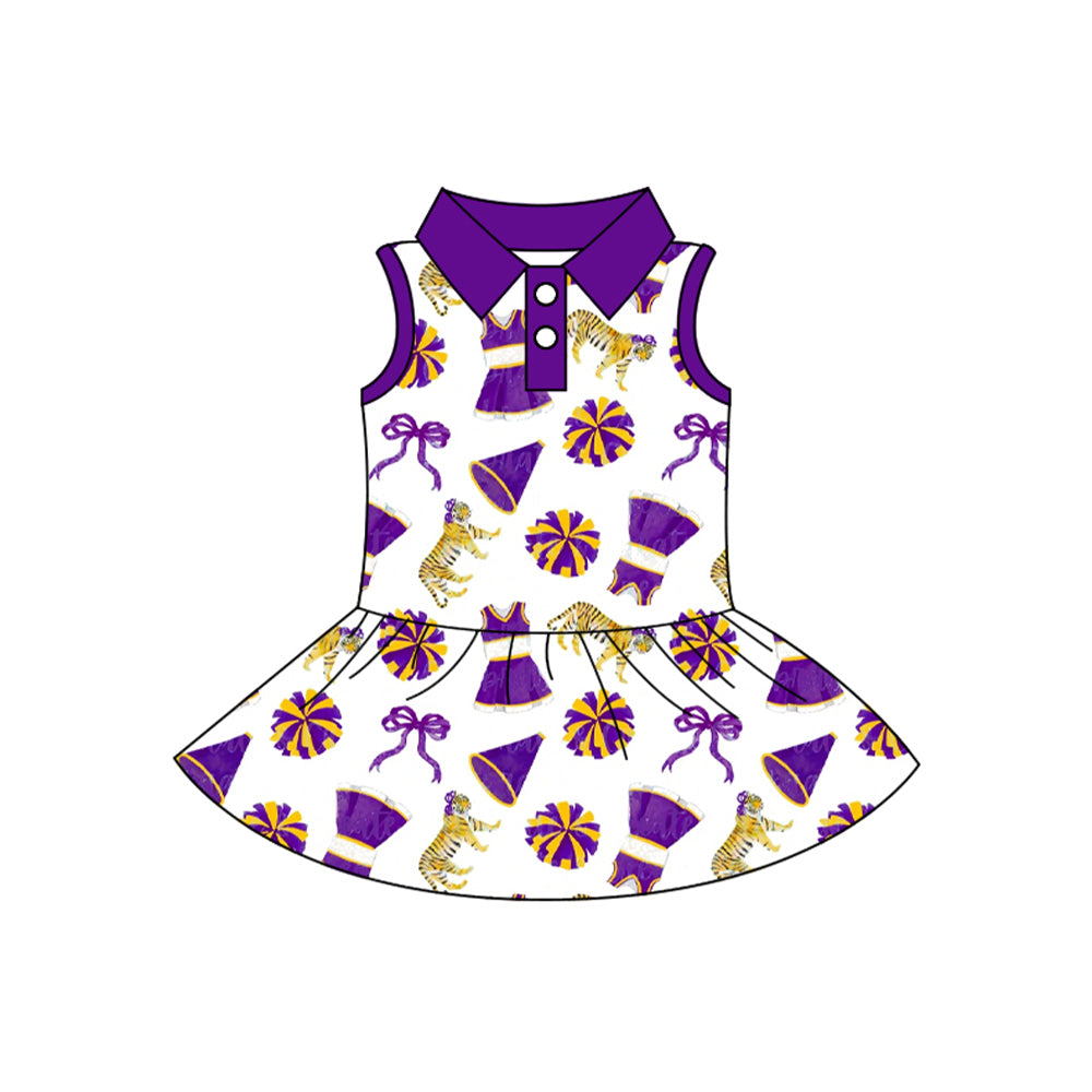 1.22 GSD3702 Pre order No Moq Yoga fabric Baby Girls Sleeveless Purple Bow Tigers Button Team Cheer Knee Length Dress