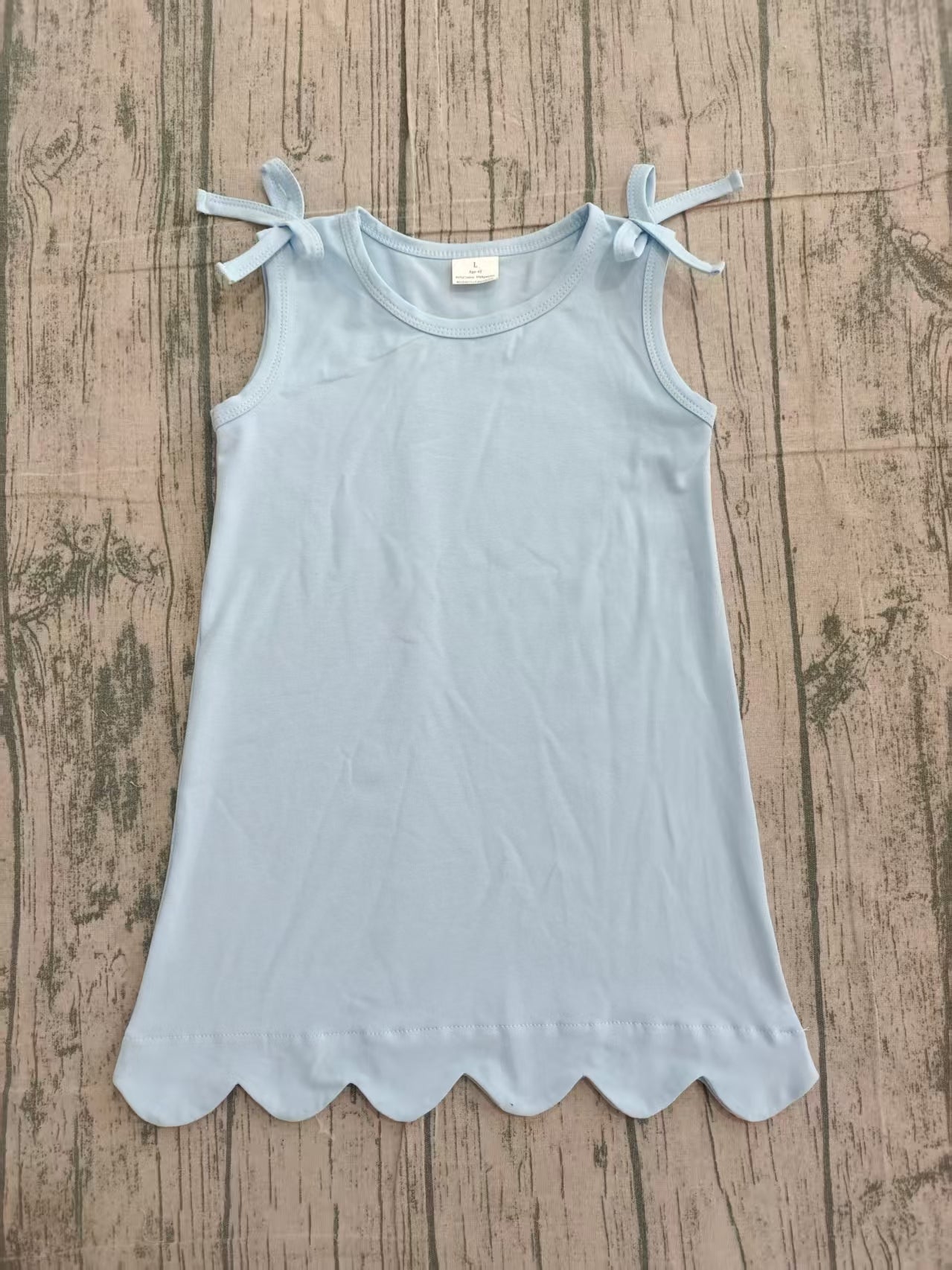 2.11 GSD3705 Sample No Moq Baby Girls Sleeveless Light Blue Scallop with Bow Knee Length Dresses