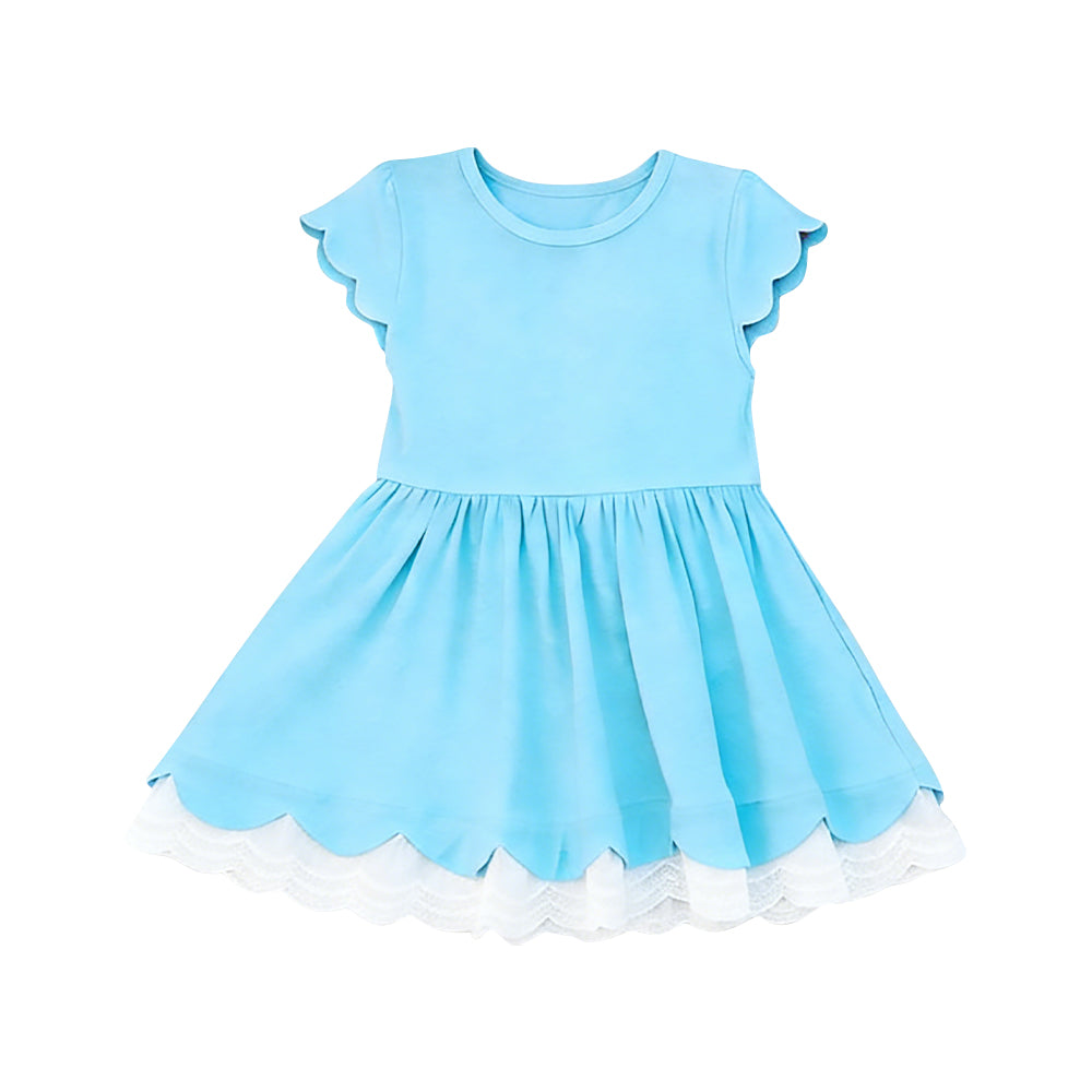1.24 GSD3712 Pre order No Moq Baby Girls Flutter Sleeve Blue Scallop Ruffle Knee Length Dresses