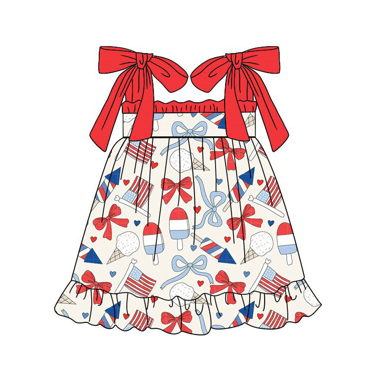 1.26 GSD3723 Pre order No Moq Baby Girls Strap Red Blue Bows Popsicle 4th of July Collar Knee Length Dresses