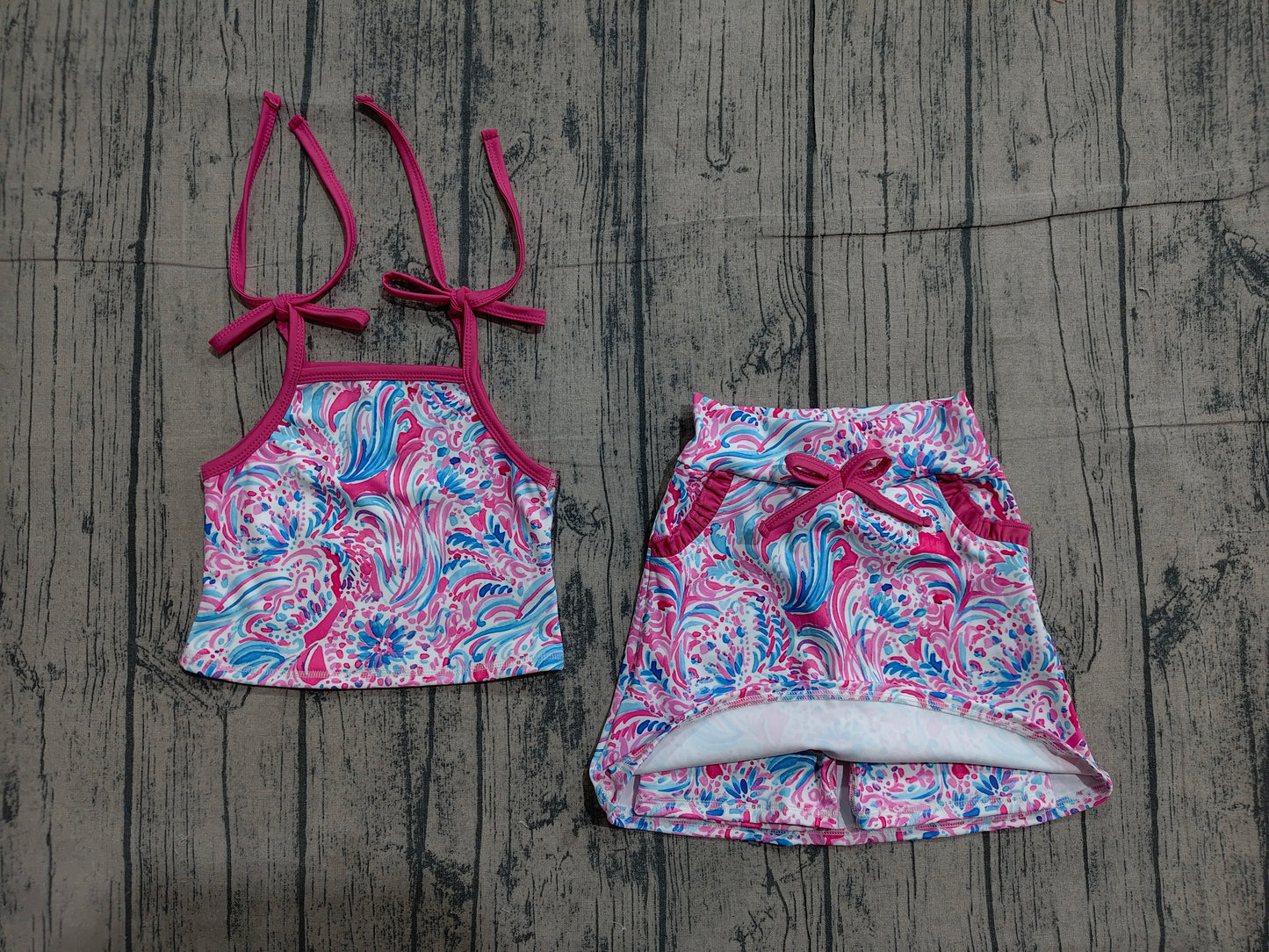 4.1 GSD3728 Sample No Moq Baby Girls Strap Sea Plants Top Pockets Scallop Skirt Short Yoga Active Clothes Set Preorder