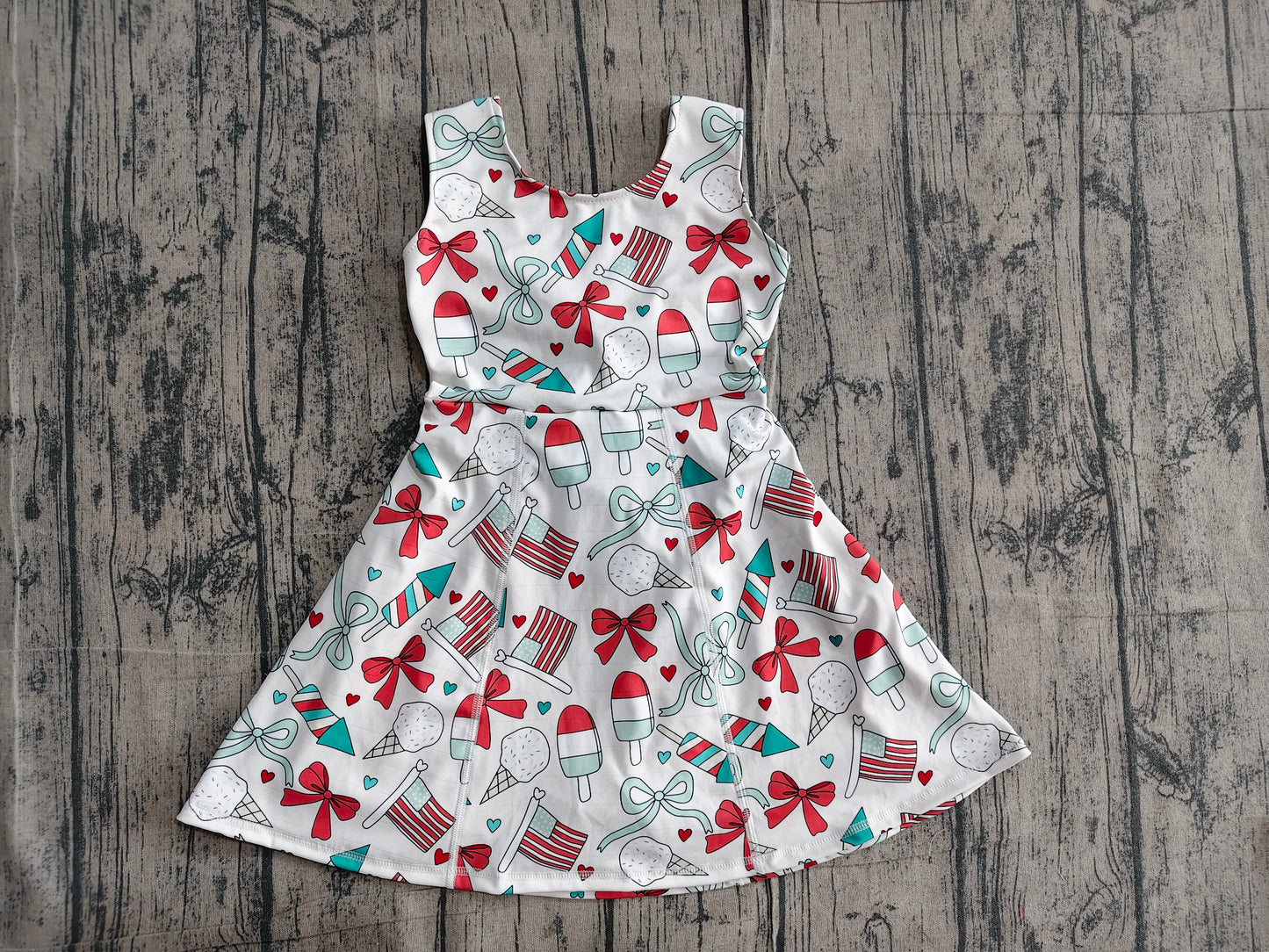 3.17 GSD3750 Sample No Moq Yoga fabric Baby Girls Sleeveless Popsicle Flag Bows Yoga Active 4th of July Shorts Knee Length Dress