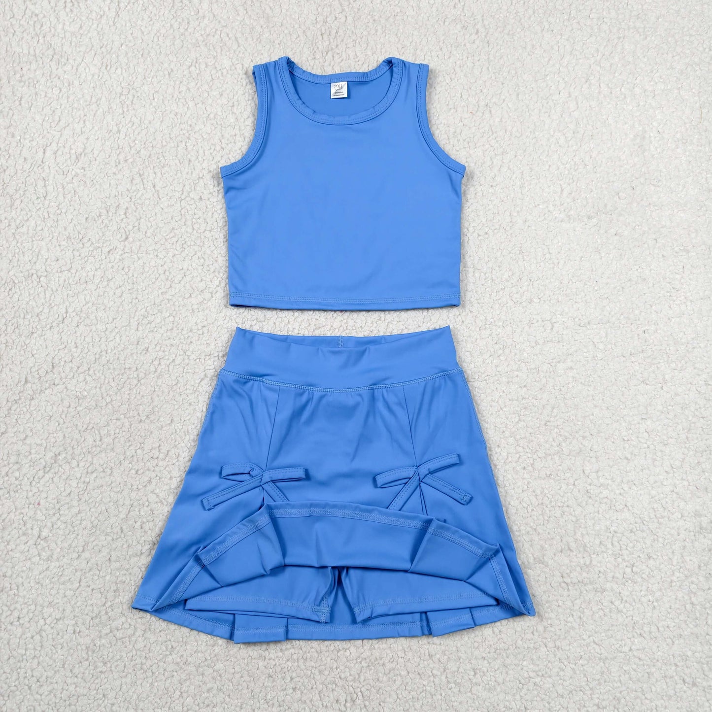 GSD3761 RTS NO MOQ (In stock)Sleeveless blue crop top bow skirt kids girls summer active set