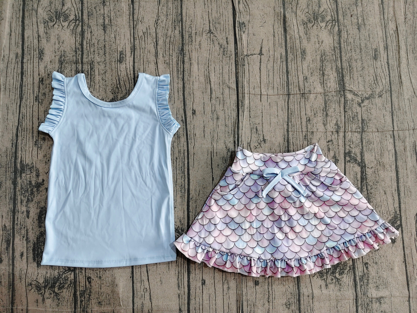 3.17 GSD3775 Sample No Moq Yoga fabric Baby Girls Summer Sleeveless BlueColorful Floral Pockets Scallop Skirt Short Yoga Active Clothes Set